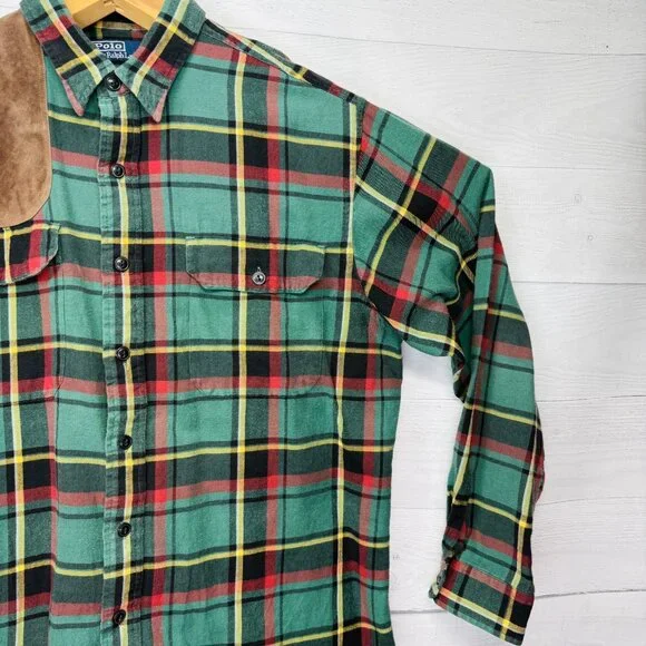 VTG Polo by Ralph Lauren Tartan Plaid Flannel Shirt Suede Shoulder Patch Size L - Picture 5 of 13
